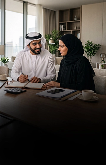 A smiling couple planning their financial future together using a calculator and laptop, representing the helpful financial "Tools and Tips" provided by National Bonds for smart saving and investing.