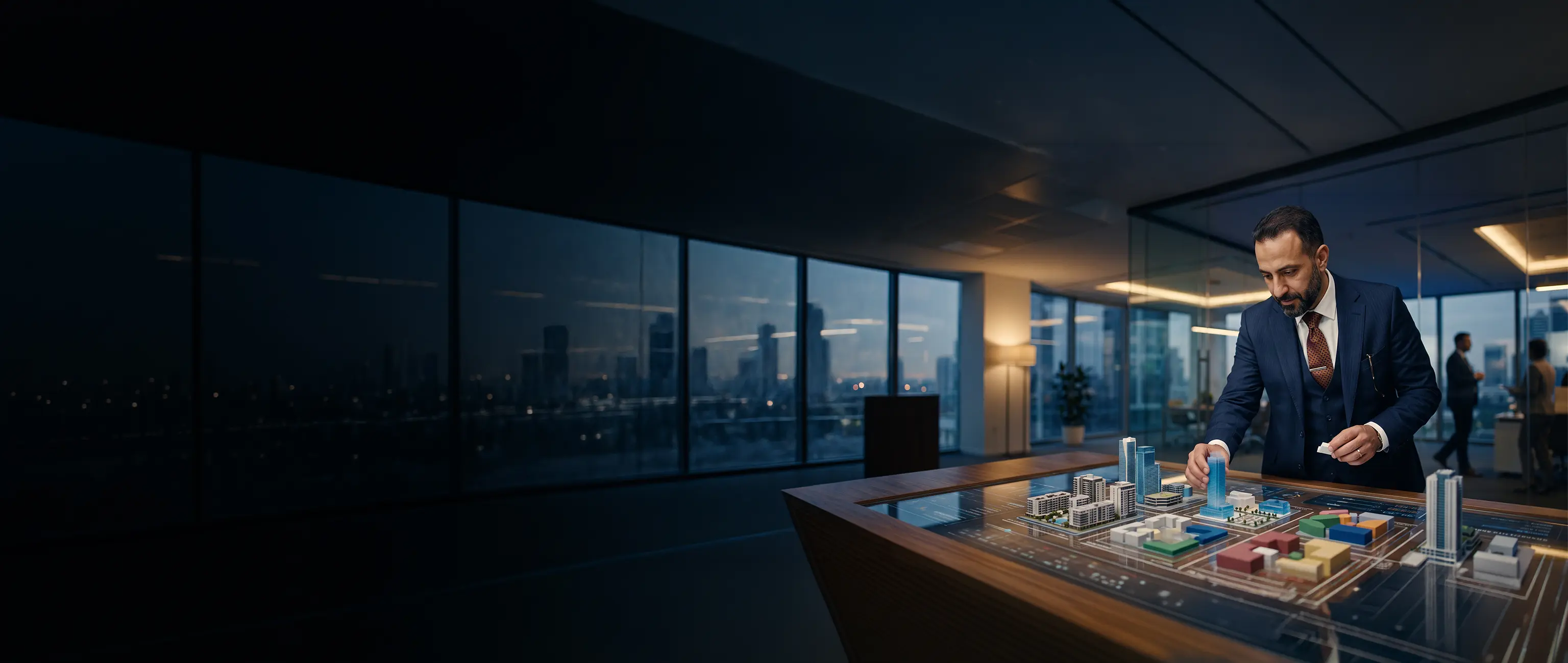 National Bonds financial expert strategizing asset allocation and real estate investments using an interactive 3D city model.
