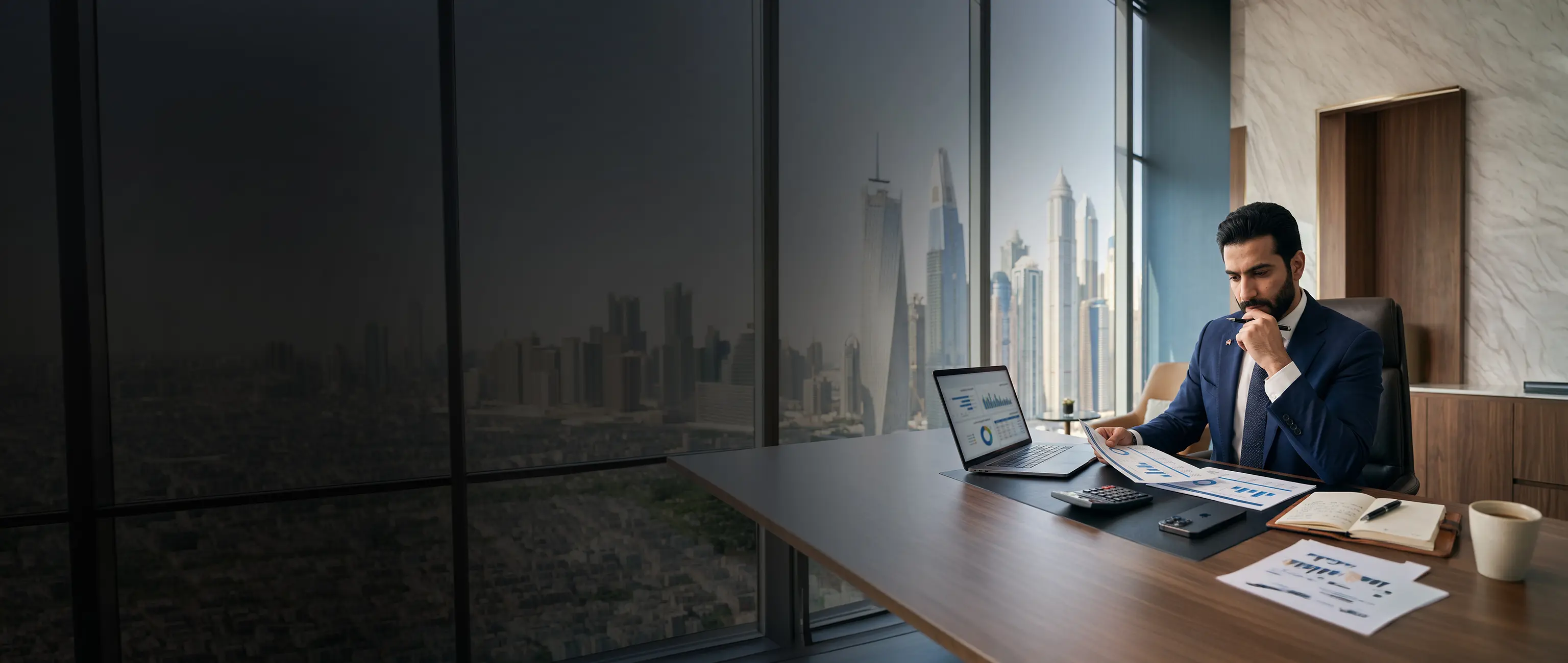 A businessman carefully reviewing financial charts and data in a modern office to compare investment and savings solutions from National Bonds.