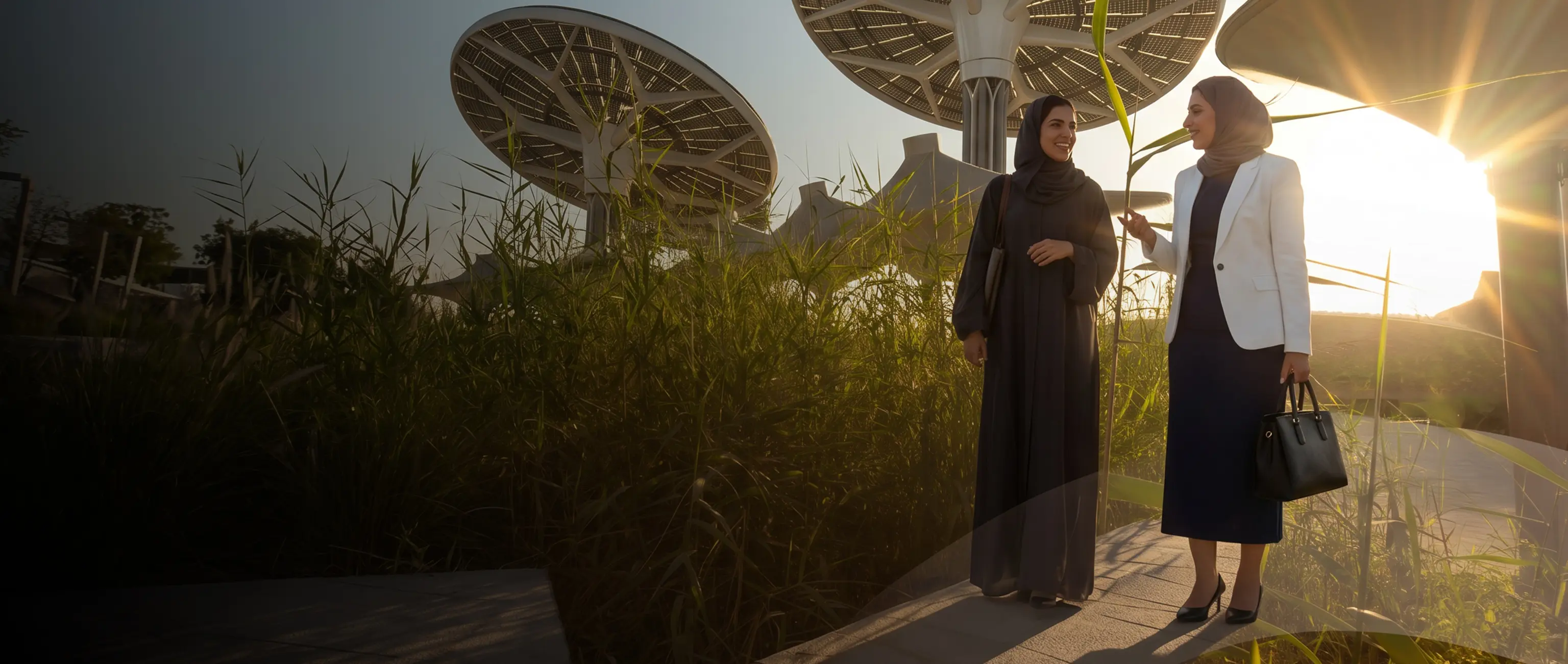 Two women walking and conversing along a path surrounded by greenery and innovative solar energy structures, representing environmental and sustainable investment with Sustainable Sukuk from National Bonds.